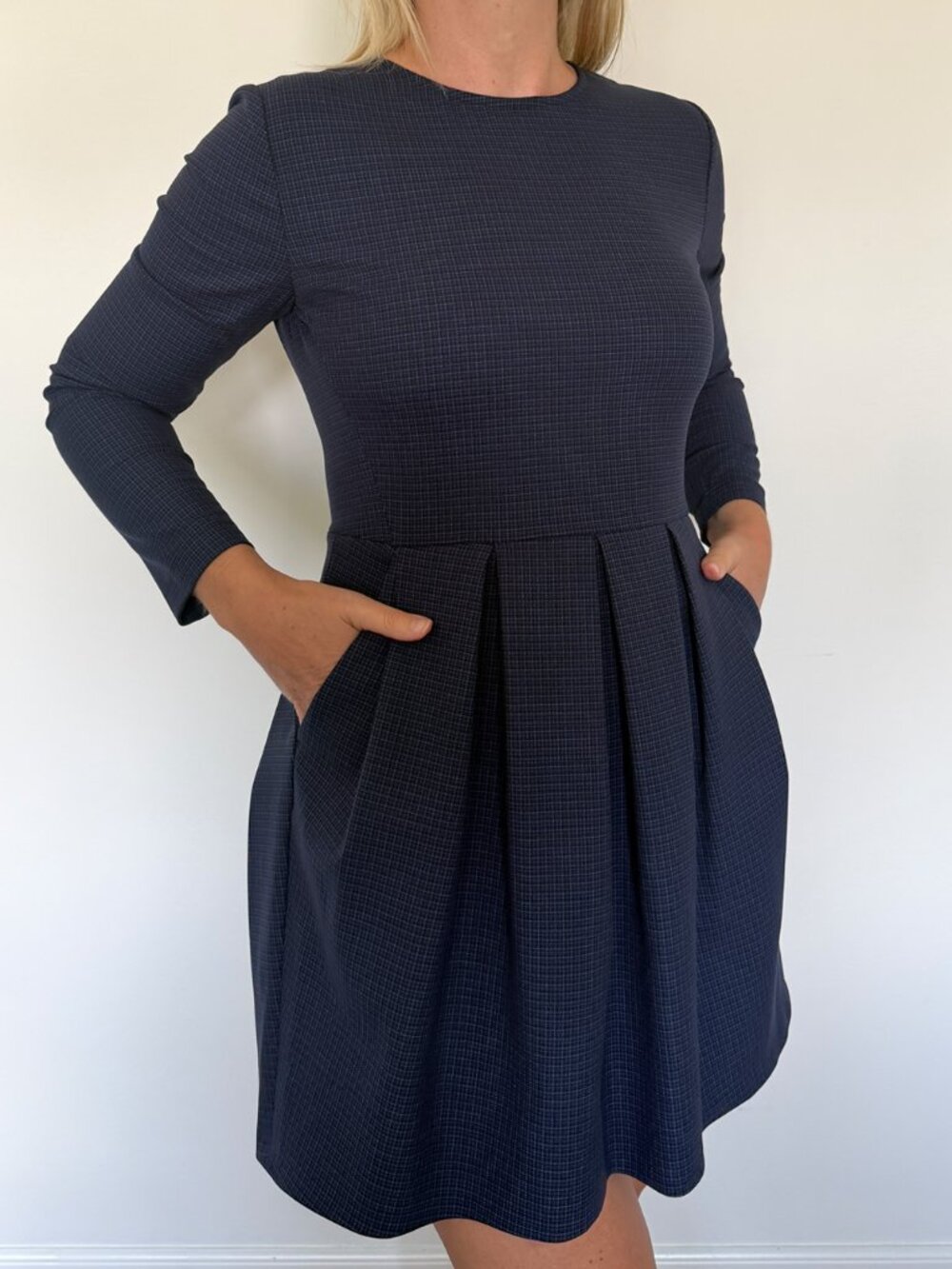 Aritzia- Sunday Best - Blue Plaid Pleated Long Sleeve Dress- Size 8